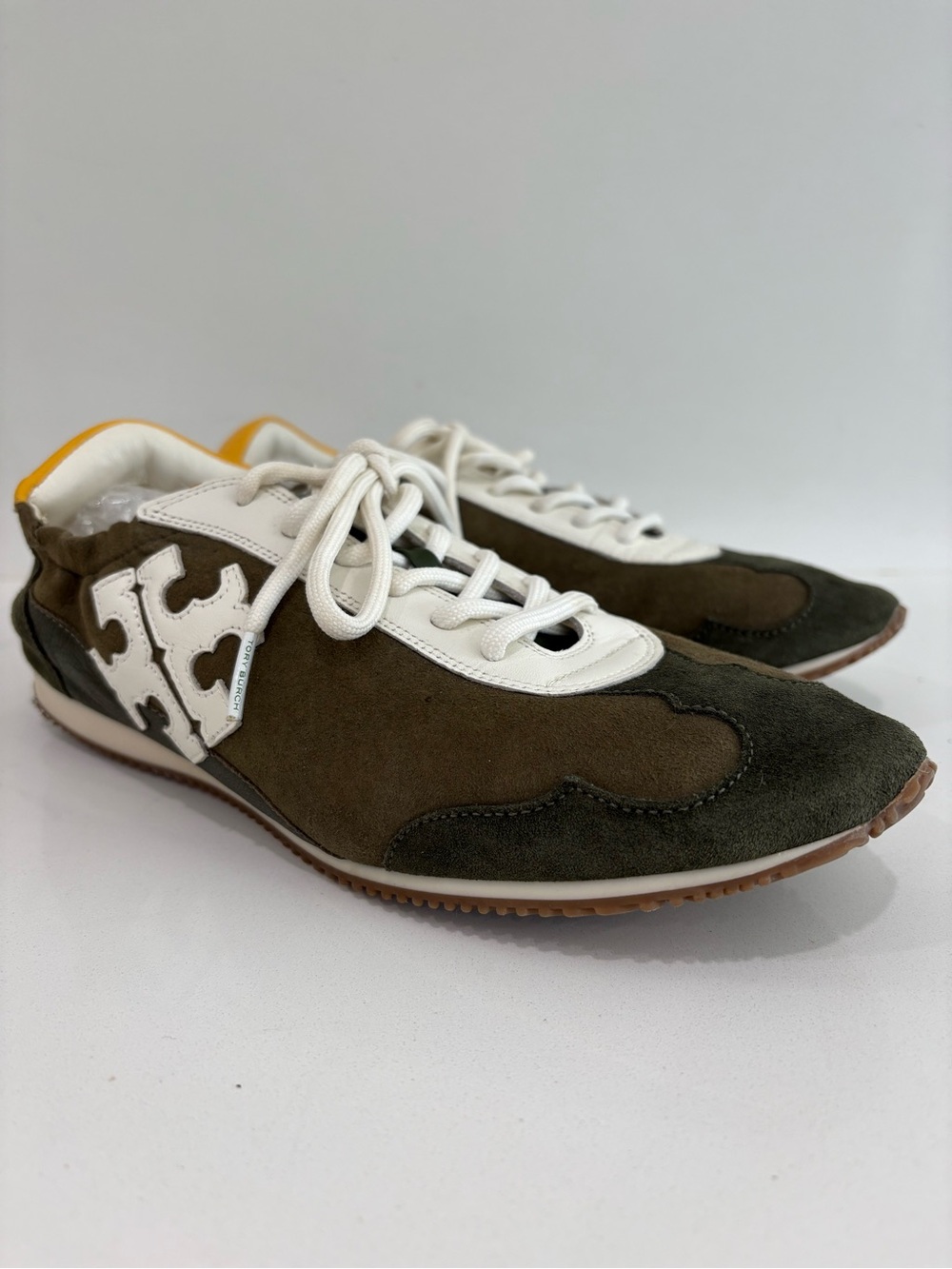 Tory Burch Olive Suede and White Leather Sneakers with Yellow Heel